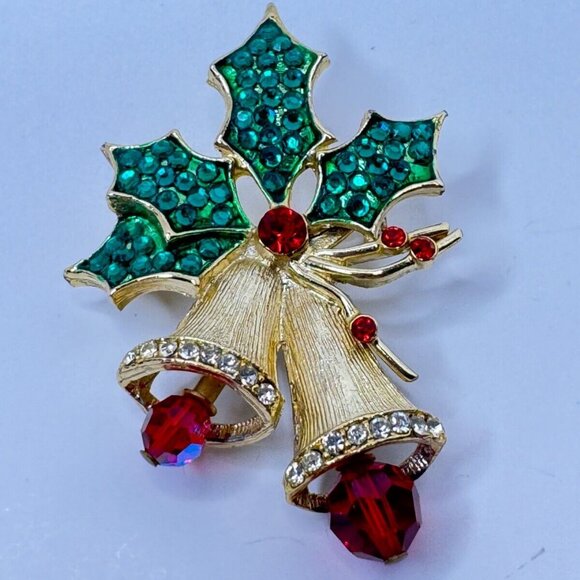 Beatrix Christmas Bells Brooch Pin Vintage Jewelry Green Holly Red Berry Sparkle - Picture 3 of 6